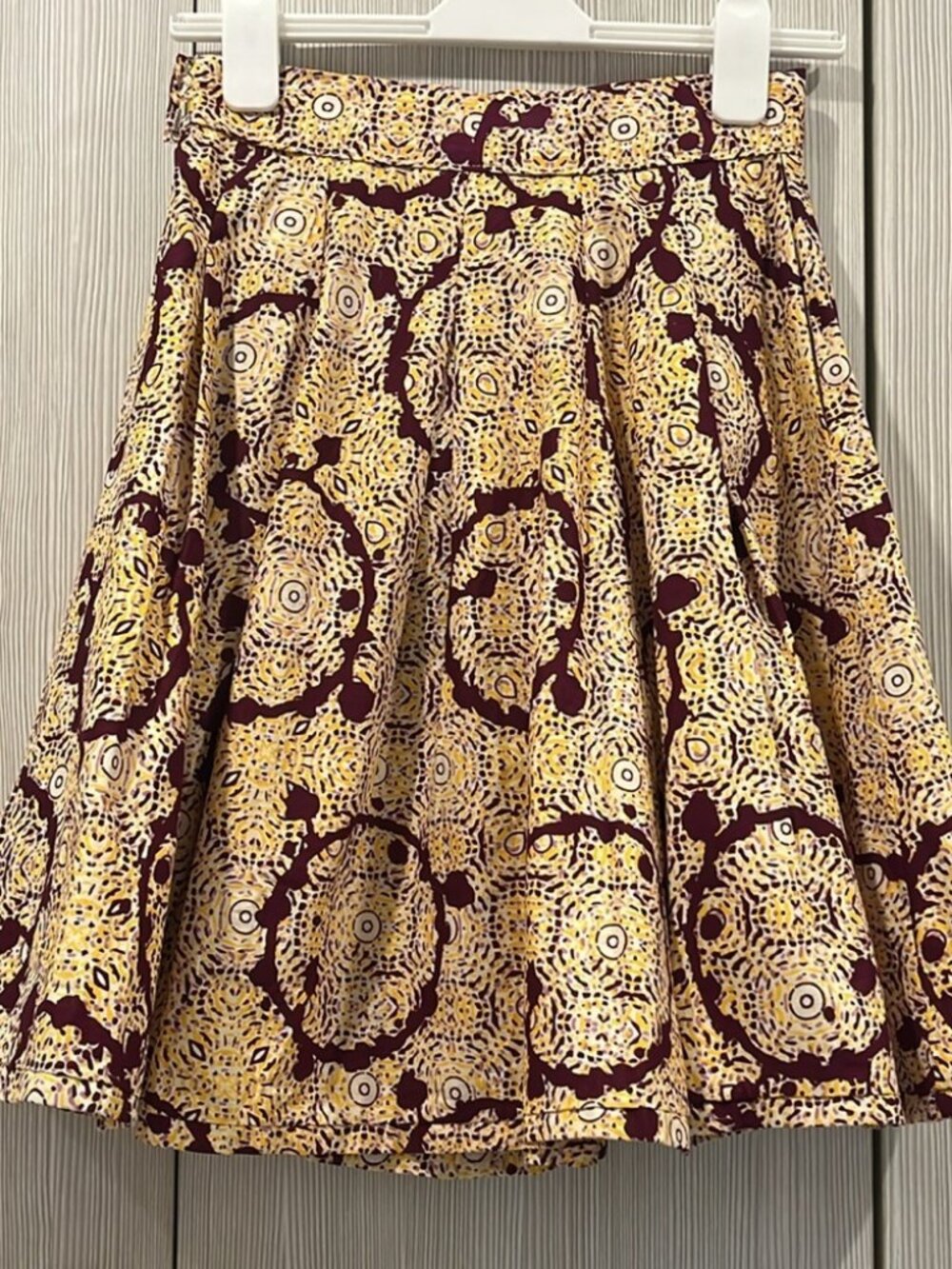 Francis + Benedict Purple Yellow Geometric Pleated A-Line Skirt w/ Pockets XS